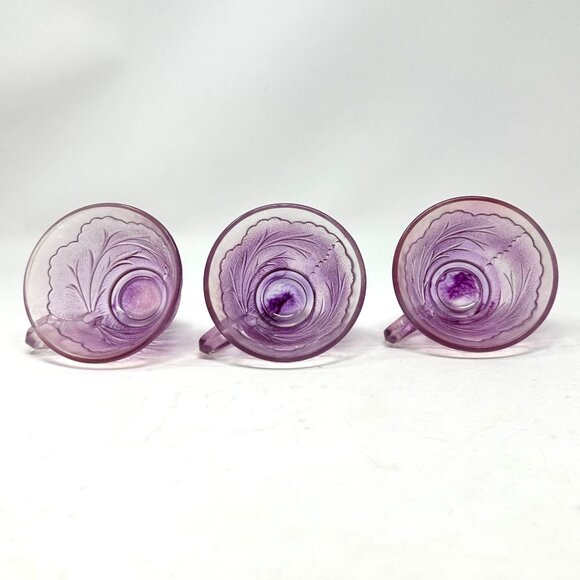 Vintage Indiana Glass Pebble Leaf Tea Cups Pink Floral Pressed 3pc Set - Picture 4 of 16